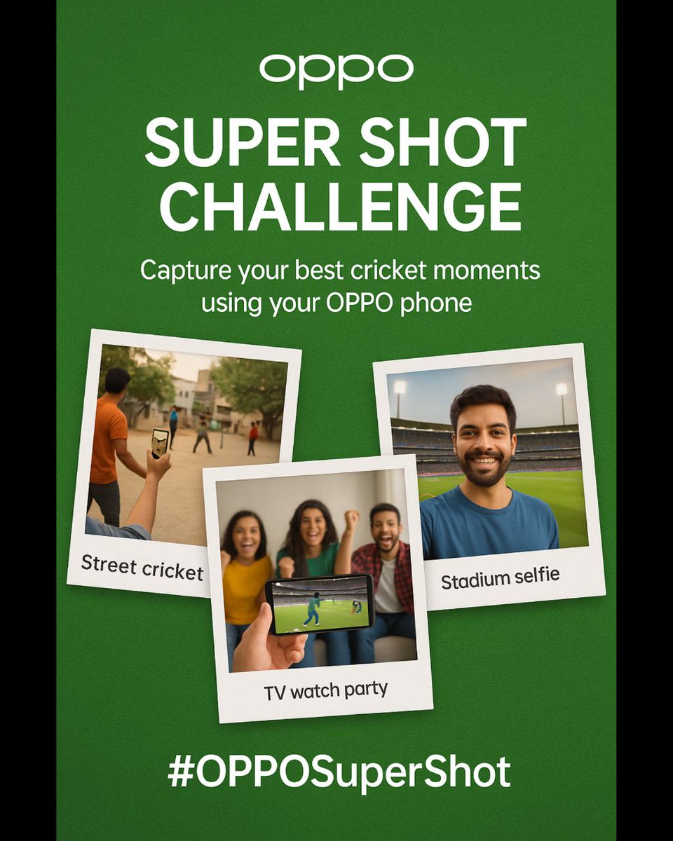 Cricket isn’t just a game—it’s a feeling! 🏏Whether you're hitting sixes in the street, cheering in the stands, or watching with friends, capture those unforgettable moments on your OPPO phone. Share them with us using #OPPOSuperShot! 💚