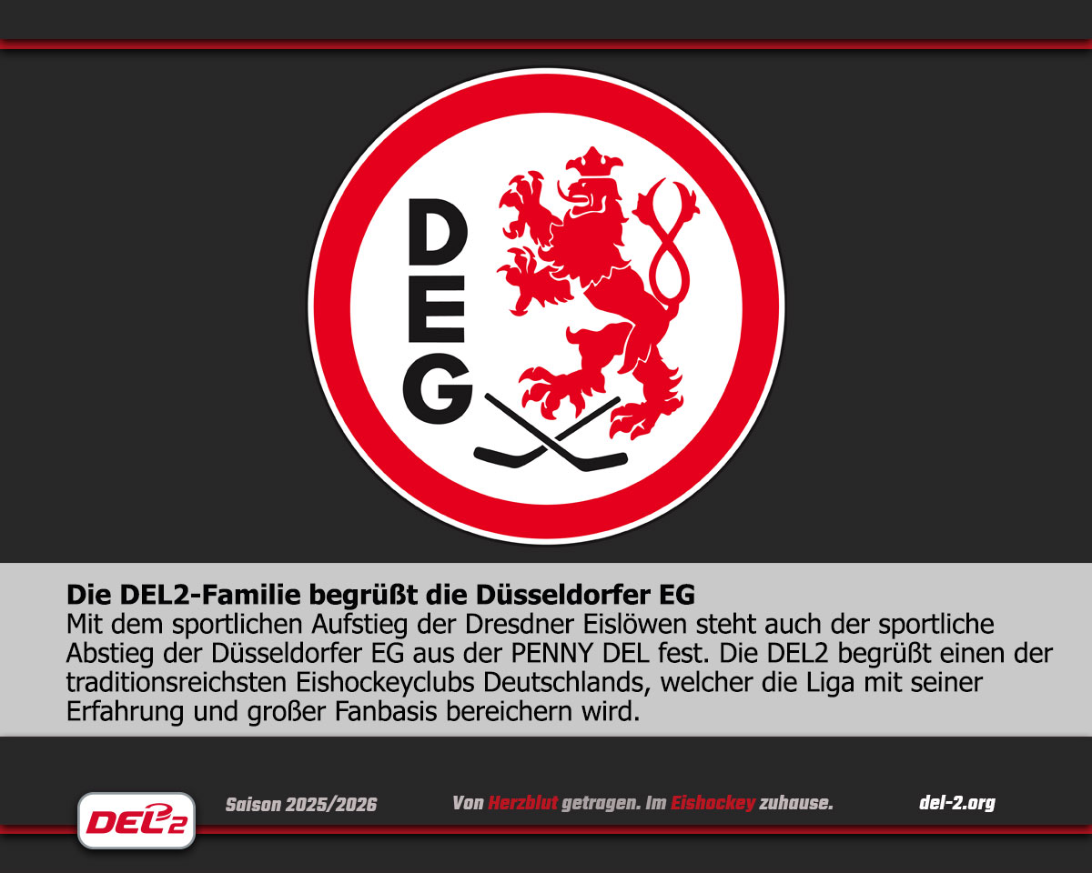 Mit dem sportlichen Aufstieg der <a href="/Eisloewen/">Dresdner Eislöwen</a> steht auch der sportliche Abstieg der <a href="/DuesseldorferEG/">Düsseldorfer EG</a> aus der <a href="/DELoffiziell/">Deutsche Eishockey Liga</a>  fest. Die #DEL2 begrüßt einen der traditionsreichsten Eishockeyclubs Deutschlands, welcher die Liga mit seiner Erfahrung und großer Fanbasis bereichern wird.