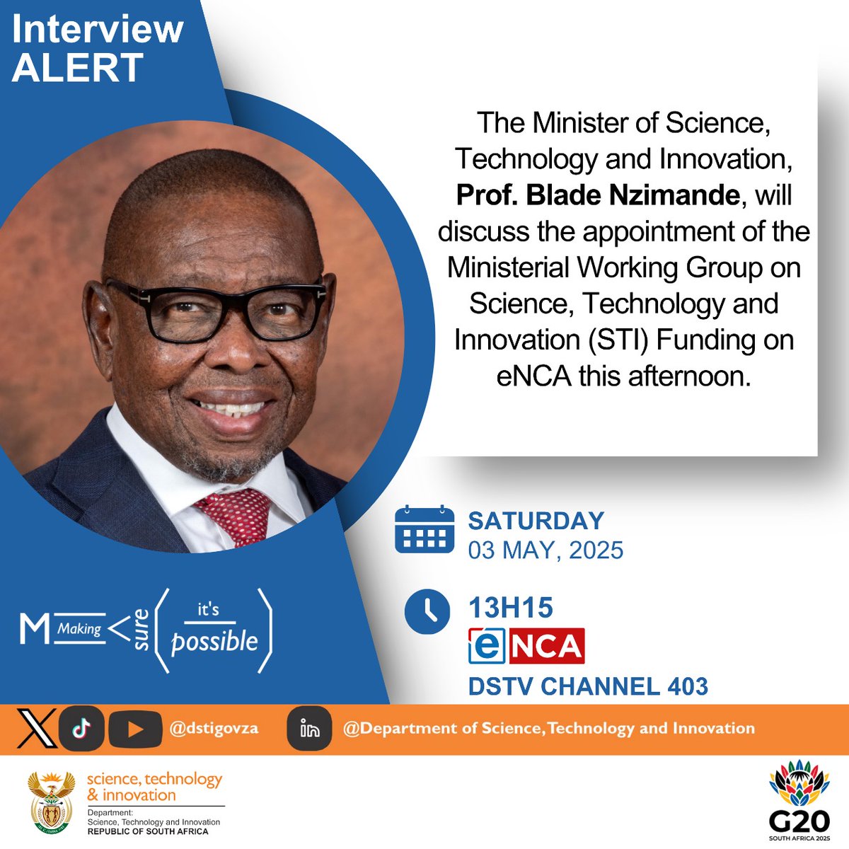 Looking forward to an insightful conversation this afternoon as Minister of Science, Technology and Innovation, Prof. Blade Nzimande talks about funding in the sector. Tune in <a href="/eNCA/">eNCA</a> 13:15. #ScienceSavesLives
