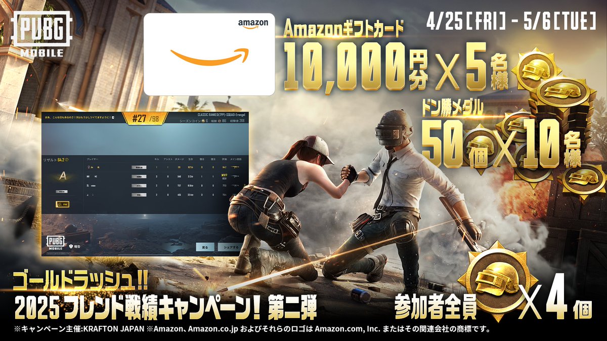 ≪フレンド戦績キャンペーン第2弾開催✨≫ フレンドとの戦績スクショを撮影してキャンペーンに応募しよう❕  「Amazonギフトカード10,000円分」が当たるチャンス💰 📢参加者全に「ドン勝メダル4⃣個」をプレゼント🎁 ✓詳細・応募はコチラ  https://t.co/9r2FSTbpFn □締切 ...