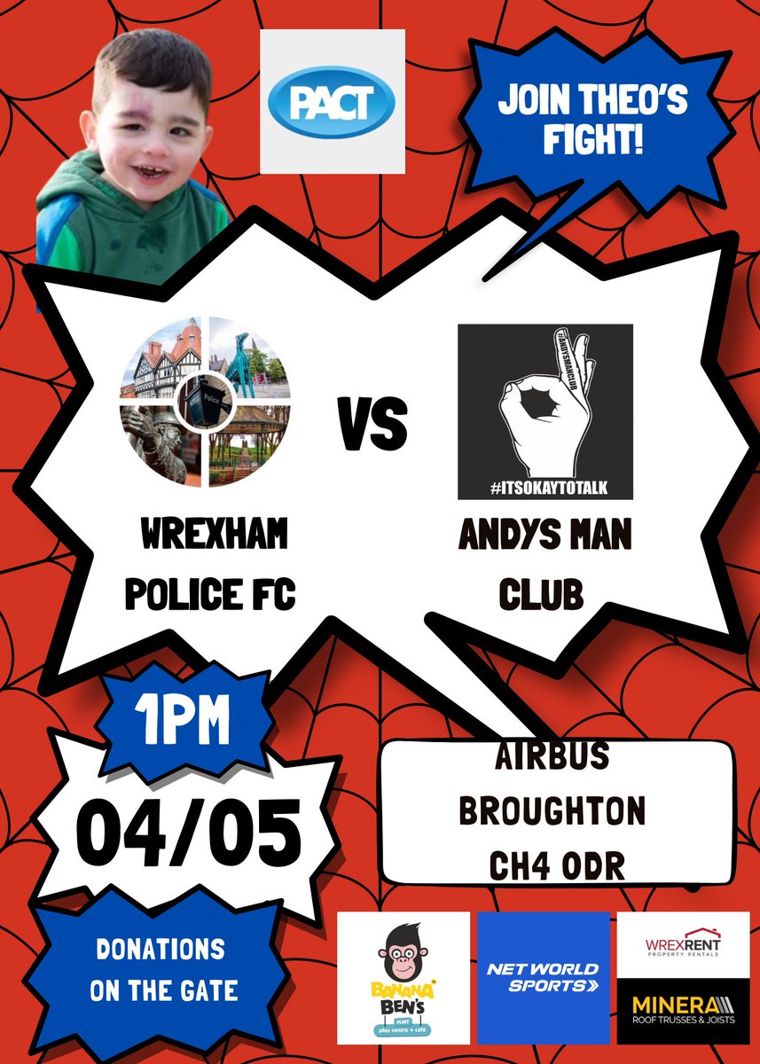 Wrexham Police FC (@wrexhampolicefc) on Twitter photo We need your help! Please donate or share this post! Tomorrow we’re taking on <a href="/andysmanclubuk/">#ANDYSMANCLUB</a> in a big match to raise vital funds for Theo.
Every single penny raised will make a real difference. justgiving.com/crowdfunding/w… We need your help! Please donate or share this post! Tomorrow we’re taking on <a href="/andysmanclubuk/">#ANDYSMANCLUB</a> in a big match to raise vital funds for Theo.
Every single penny raised will make a real difference. justgiving.com/crowdfunding/w…