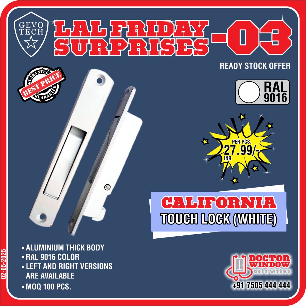 DOCTORWINDOW_IN's tweet image. GEVO TECH CALIFORNIA TOUCHLOCK - WHITE
GEVO TECH CAPADOCIA POPUP HANDLE - WHITE
GEVO TECH KOBE SHORT NECK HANDLE
GEVO TECH SATURN WINDOW ROLLER

#touchlock #handle #shortneckhandle #windowroller #doctorwindow #soulofwindow #fridayoffer #newoffer #door #hardware #window