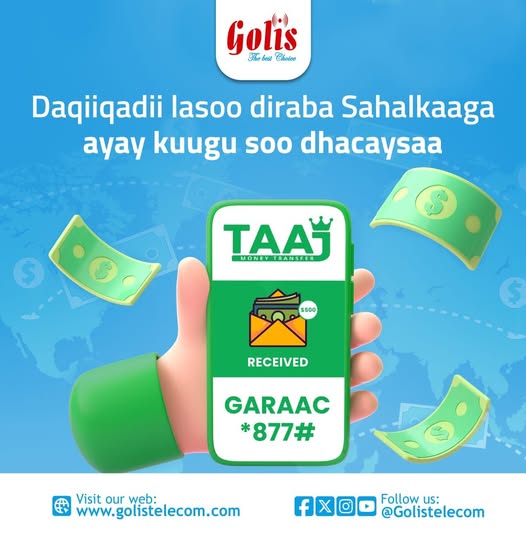 GolisTel's tweet photo. Macaamiisheenna, si sahlan ugu dir lacagta qoyskaaga adigoo adeegsanaya Xawaaladda Taaj.
#golistelecom
#IsgaarsiiniWaaGolis
#XawaaladdaTaaj. https://t.co/yZ3C43Z4V1