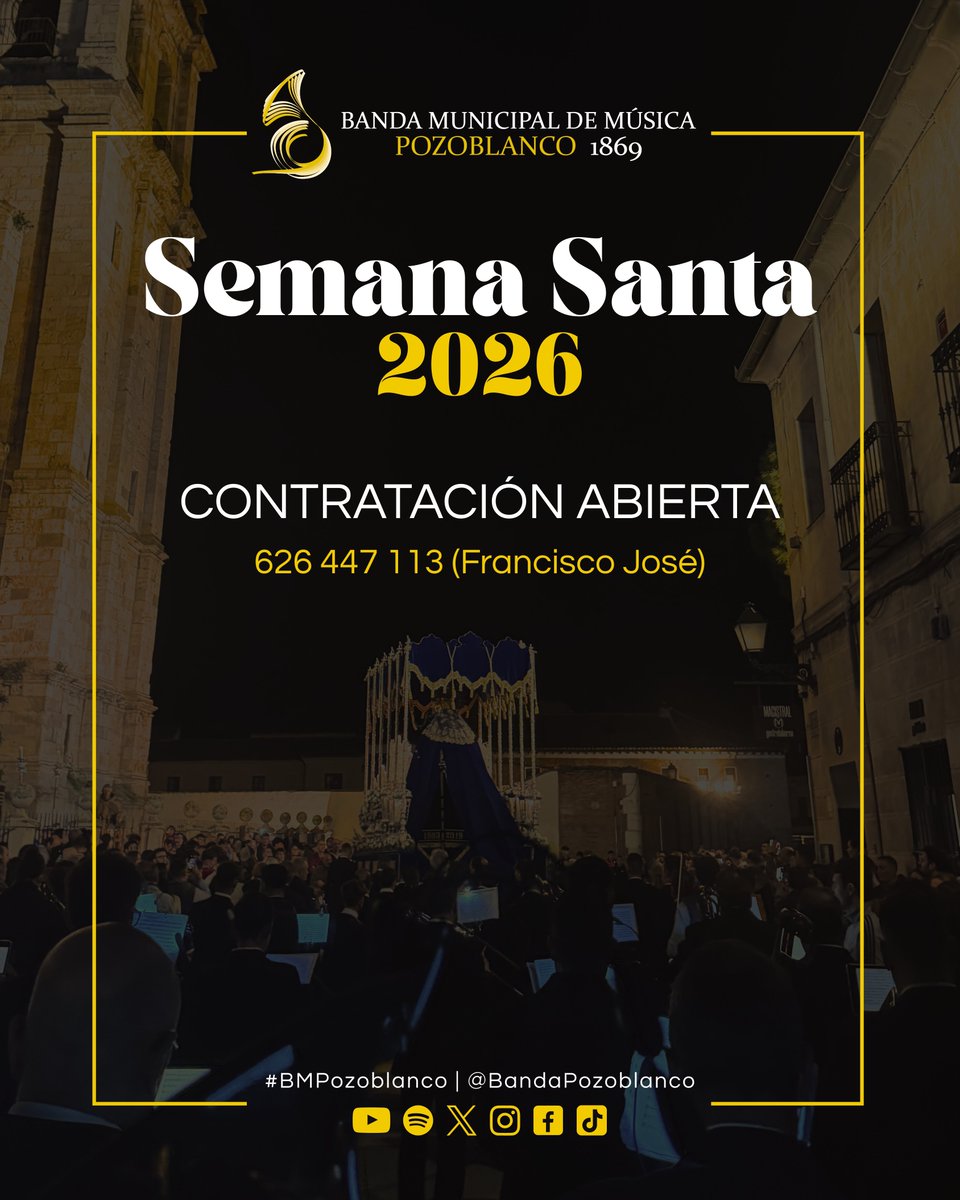 BandaPozoblanco's tweet photo. 💙 Nuestra formación musical ya prepara con ilusión la próxima Semana Santa 2026. Si su Hermandad o Cofradía desea contar con nuestra banda para acompañar sus titulares, puede consultar disponibilidad y solicitar información en el teléfono 626447113 (Francisco José)
#BMPozoblanco https://t.co/oQTq62wqbN