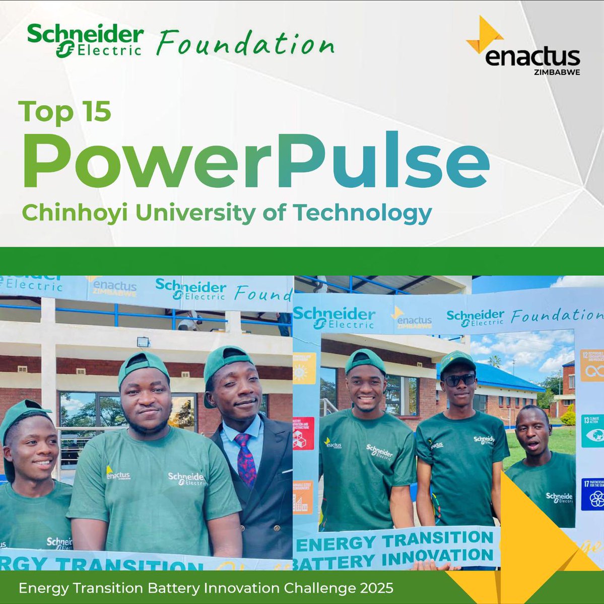 The BOOST Fellowship (@boostfellowship) on Twitter photo Congratulations to team PowerPulse🩺 from <a href="/enactuscut05/">EnactusCUT</a> for making it into the Top 15 of the Schneider Electric Energy Transition Battery Innovation Challenge 2025.
We wish PowerPulse🩺 all the success as they advance the energy transition cause towards a greener and more Congratulations to team PowerPulse🩺 from <a href="/enactuscut05/">EnactusCUT</a> for making it into the Top 15 of the Schneider Electric Energy Transition Battery Innovation Challenge 2025.
We wish PowerPulse🩺 all the success as they advance the energy transition cause towards a greener and more