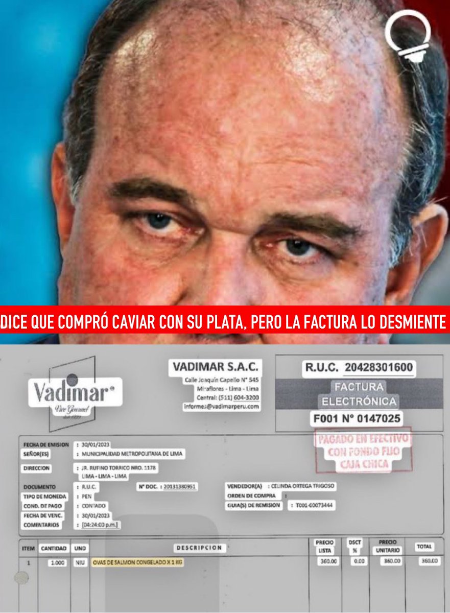Gustavo Gorriti Ellenbogen (@idl_gorriti) on Twitter photo Rafael López Aliaga mintió cuando dijo que el 'caviar' lo compró él.
Malversa el dinero de la <a href="/MuniLima/">Municipalidad de Lima</a> en hacer campaña electoral, en consultorías de abogados (S/8 Millones), despilfarro en ollas comunes (S/80M-año) a cambio de votos.
Ahora que dirá la granja de troles de Porky? Rafael López Aliaga mintió cuando dijo que el 'caviar' lo compró él.
Malversa el dinero de la <a href="/MuniLima/">Municipalidad de Lima</a> en hacer campaña electoral, en consultorías de abogados (S/8 Millones), despilfarro en ollas comunes (S/80M-año) a cambio de votos.
Ahora que dirá la granja de troles de Porky?