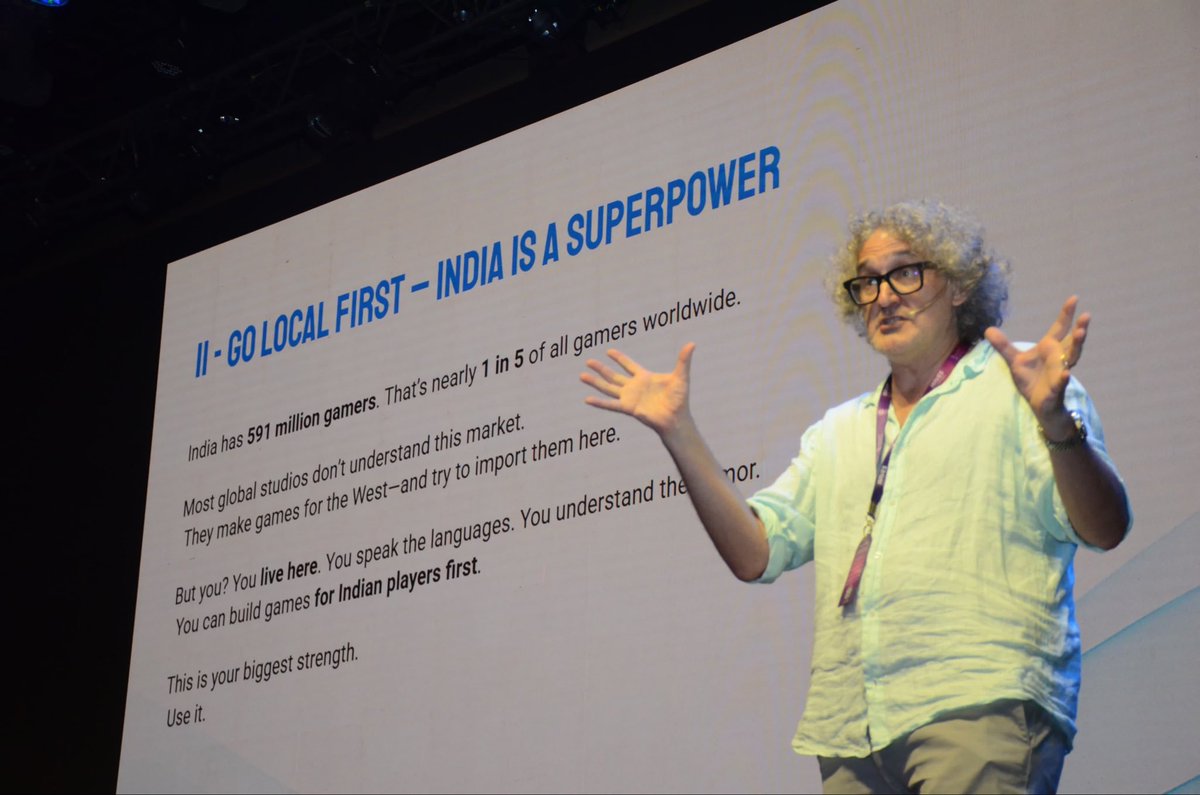 PIB_India's tweet photo. Dani Sanchez, Video game industry veteran takes a Masterclass on ‘Building games in India for the world’ at #Creatosphere stage, #WAVES2025
Dani Sanchez shared with his decades of experience in design, production and team building and encouraged game developers to work on multiple projects early on to ensure financial safety!
Some Glimpses! 📸
#WAVES #WAVESummit #WAVESIndia