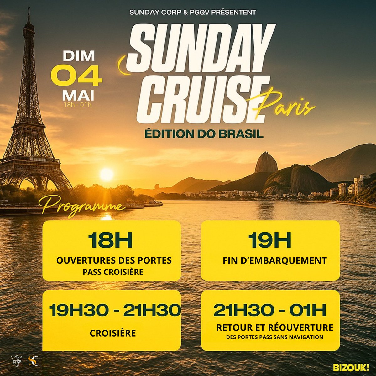 Découvrez le programme de la Sunday Cruise Do brazil ! 

Soyez à l’heure 🫶🏽

À dimanche  ! 🇧🇷

Il reste des places sans navigation (AFTER) sur Bizouk ! : bizouk.com/events/details…