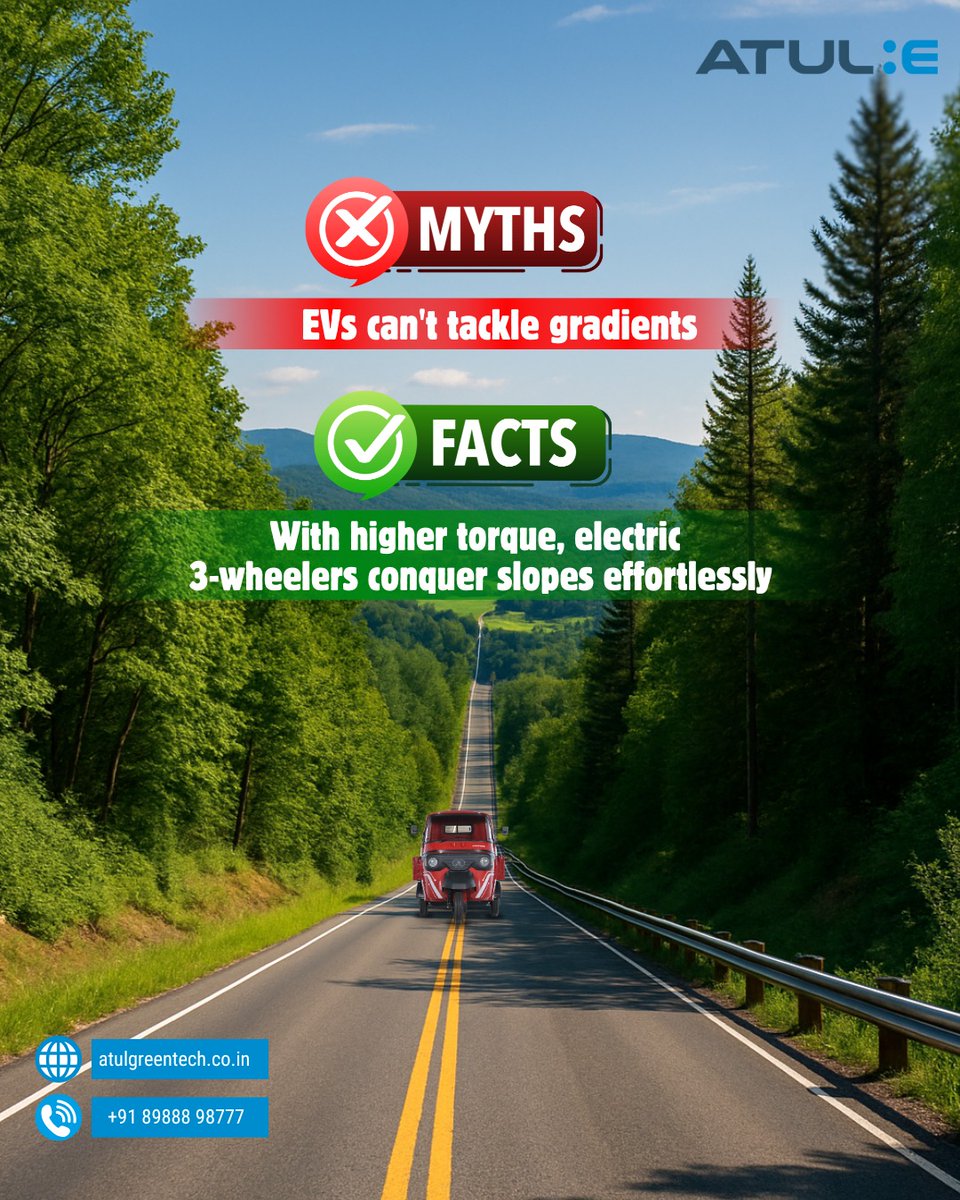 AtulGreentech's tweet photo. Conquering hills with ease! Higher torque in electric 3-wheelers makes gradients a breeze.
#AtulGreentech #EVMythBusters https://t.co/iY1554sJtf