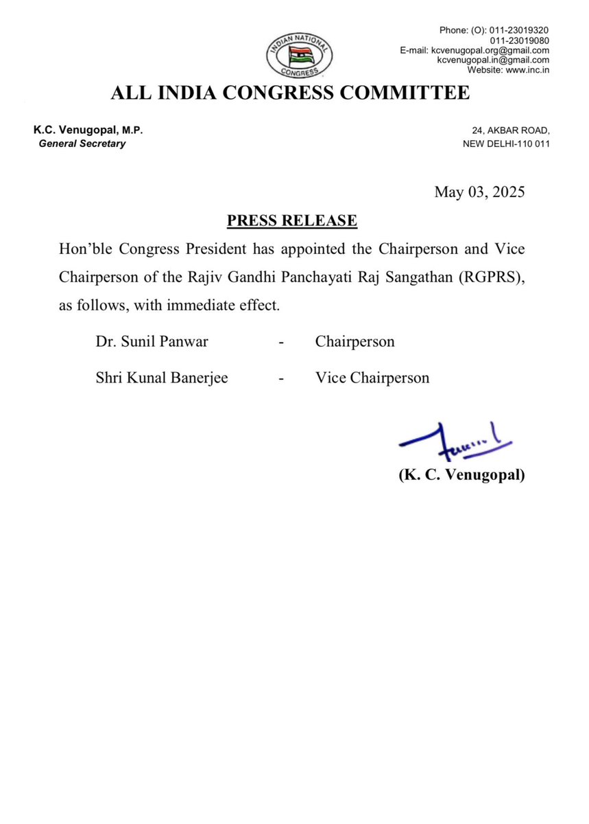 INCSandesh's tweet photo. Hon'ble Congress President has appointed the Chairperson and Vice Chairperson of the Rajiv Gandhi Panchayati Raj Sangathan (RGPRS), as follows, with immediate effect. https://t.co/Krxk8EvPuc