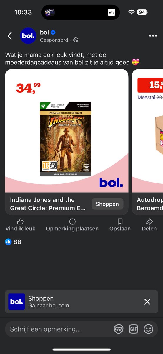Damn. <a href="/bol_com/">bol</a> snapt wat mijn moeder wilt voor moederdag. De digitale upgrade van de Indiana Jones game voor de Xbox Series. 🫶 Algoritmes be crunching that one.