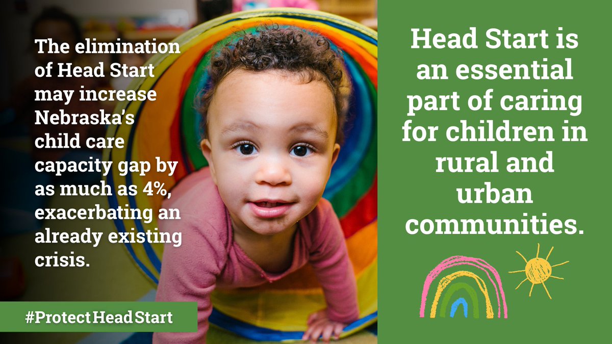If Head Start is eliminated, Nebraska’s child care capacity gap will increase. The state currently does not have enough child care to meet the needs of working parents, with 15% fewer child care spots than children who need them. 

The impact is real. #ProtectHeadStart