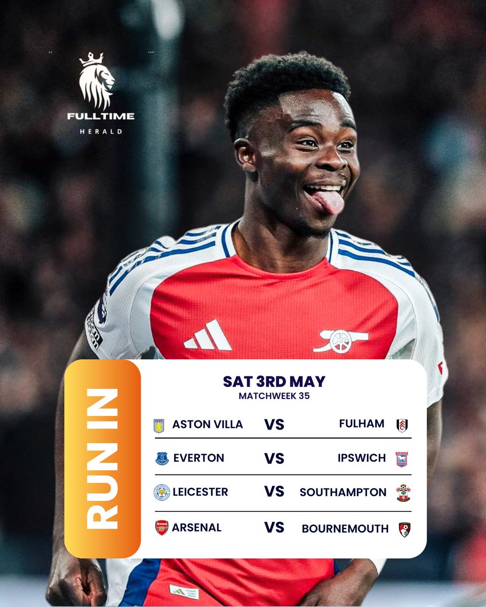 fulltimeherald's tweet photo. SATURDAY PREMIER LEAGUE! • Aston Villa pushing for Europe vs. Fulham's • Everton vs Ipswich 😬 • Leicester vs. Saints – • Arsenal vs. Bournemouth... can Bournemouth surprise Arsenal? Which game are you glued to? 👇 

#PLRunIn #FinalDayDrama #AstonVilla #fulham https://t.co/LKFbBQn4Rj