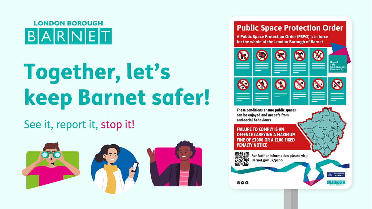 BarnetCouncil's tweet image. Our Public Space Protection Order bans rowdy, aggressive and other anti-social behaviour in public spaces. Offenders can be fined up to £1,000. 

Learn more: tinyurl.com/2s4xpbbb 

#KeepBarnetSafer #AntiSocialBehaviour #CommunitySafety #BarnetPSPO #PSPO