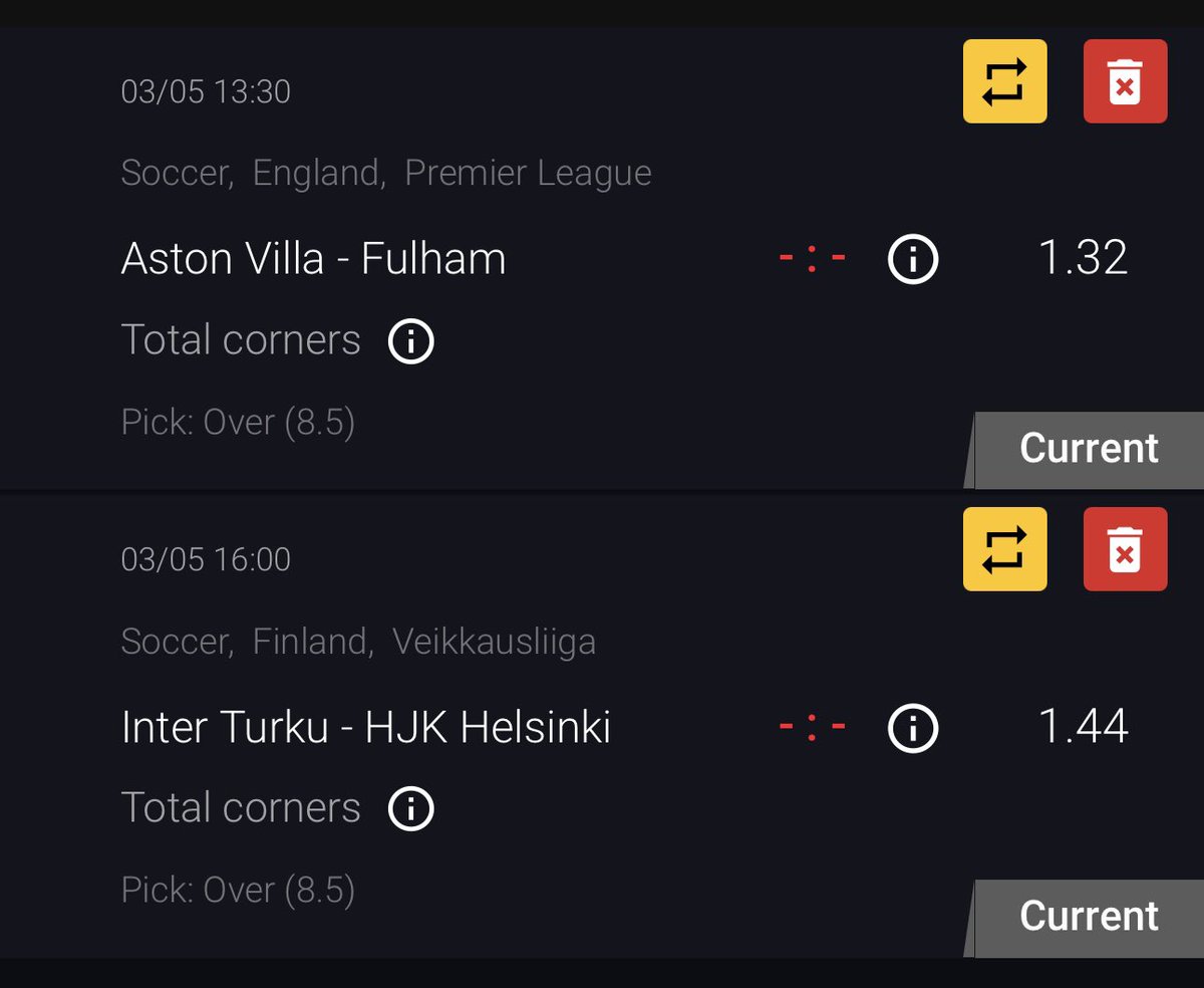 Tippmaster62491's tweet image. 🔥 Corner tips for today! ⚽
• Match: Aston Villa vs Fulham (Soccer, England, Premier League)
• Pick: Over 8.5 corners 📈
• Match: Inter Turku vs HJK Helsinki (Soccer, Finland, Veikkausliiga)
• Pick: Over 8.5 corners 📈
📊 Odds: 1.90 💰
Stake: 4 units
#CornerTips #BettingTips