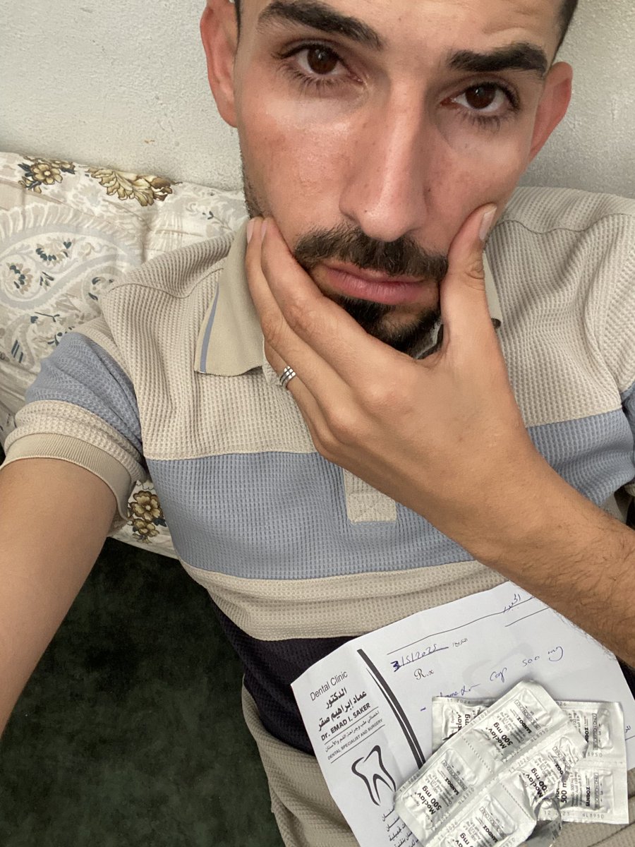 Mo7ammed_jawad6's tweet photo. I went to the dentist to check my condition. She told me that one of my molars is decayed and can’t be removed right now — I need to take medication for two days first. The other one requires surgery. She also asked for a panoramic X-ray, which I’ve already done, and I bought the prescribed medicine.