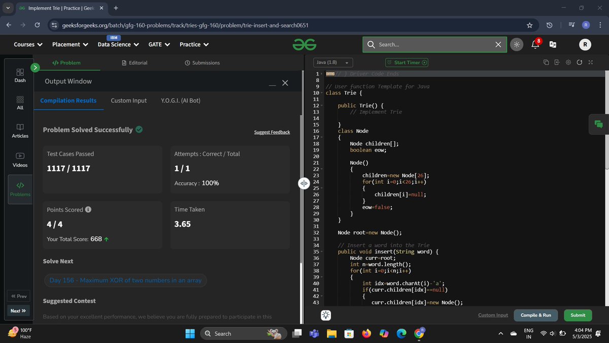 Rameshwari (@datacode2025) on Twitter photo Day 155✅Of 160gfg Challenge
Problem-Implement Trie
Approach-Insert: Store words using character nodes.
Search: Check word existence via traversal.
Prefix Check: Verify if input exists as a prefix.
#160gfgchallenge <a href="/geeksforgeeks/">GeeksforGeeks</a> #womenintech Day 155✅Of 160gfg Challenge
Problem-Implement Trie
Approach-Insert: Store words using character nodes.
Search: Check word existence via traversal.
Prefix Check: Verify if input exists as a prefix.
#160gfgchallenge <a href="/geeksforgeeks/">GeeksforGeeks</a> #womenintech