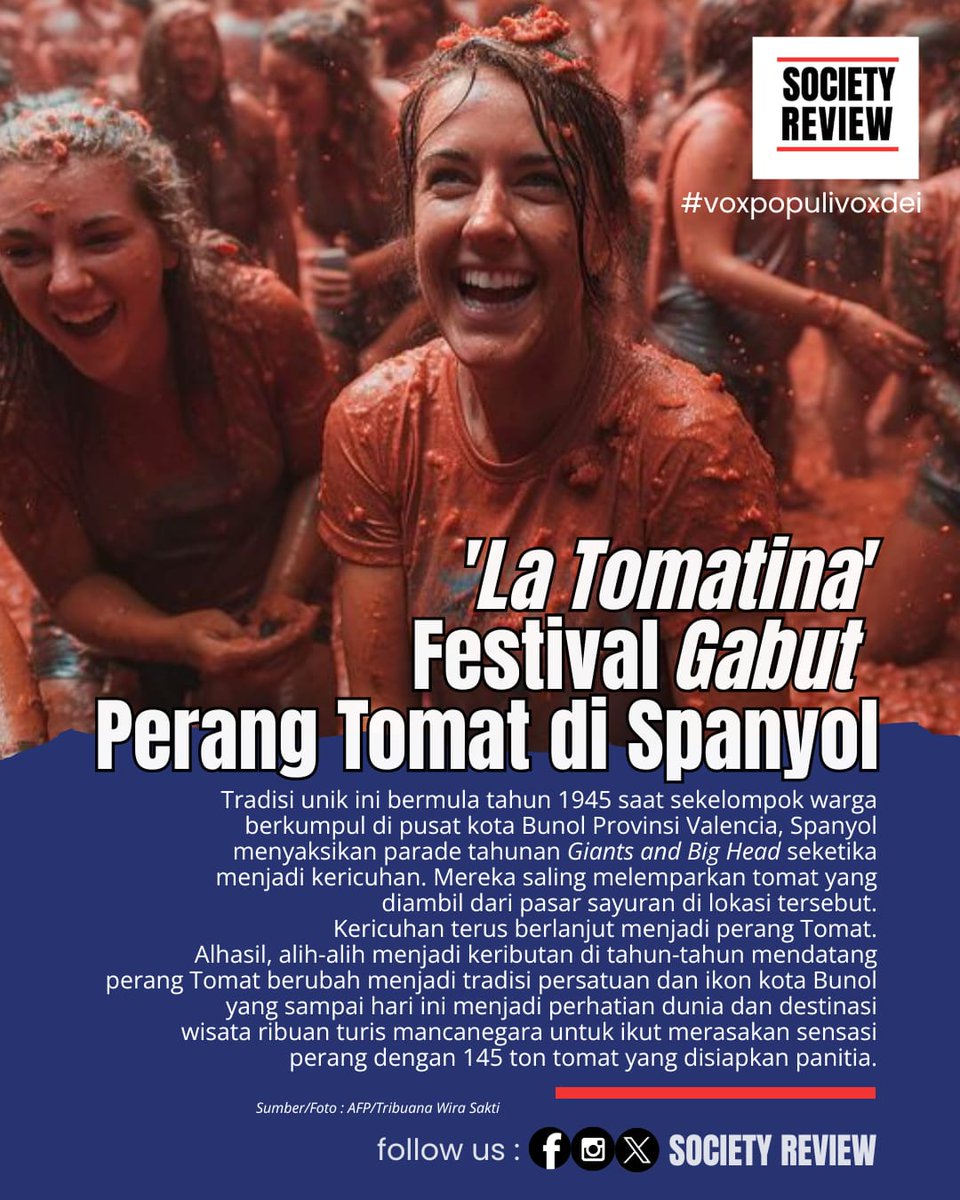SocReviewID's tweet image. &apos;La Tomatina&apos; Festival perang tomat di Spanyol,transformasi sosial dari keributan jadi ikon persaudaraan. Gimana kalau di tempat kamu? Komen pesan persatuanmu yuk👇
#LaTomatina #Bunol #Spanyol #PerangTomat #Wisata #MancaNegara
#SocietyReview #SocietyReviewIndonesia