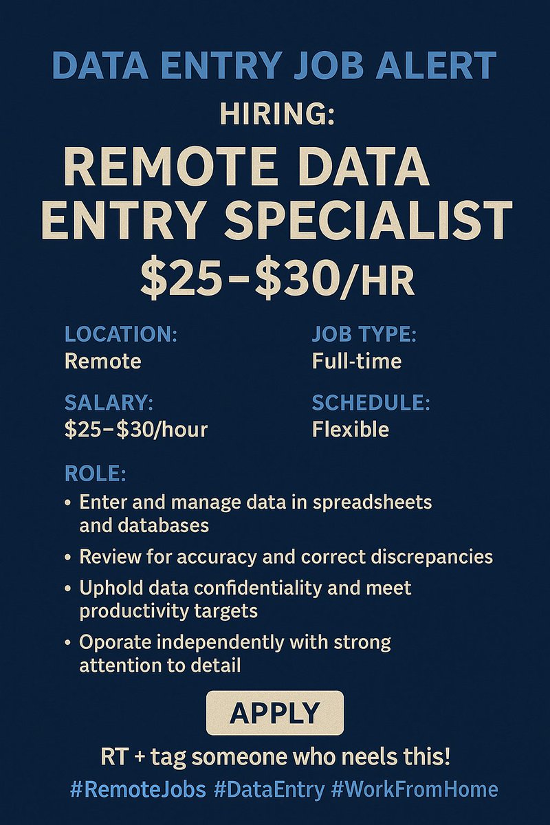 YorubaProjobs's tweet image. JOB ALERT
Hiring: Remote Data Entry Specialist
Pay: $25–$30/hr
Type: Full-time | Flexible Schedule

Duties:
• Input + manage data
• Spot + fix errors
• Keep info secure

Apply: remote.com/jobs/outbound-…

RT + tag someone who needs this!
#RemoteJobs #DataEntry #WorkFromHome