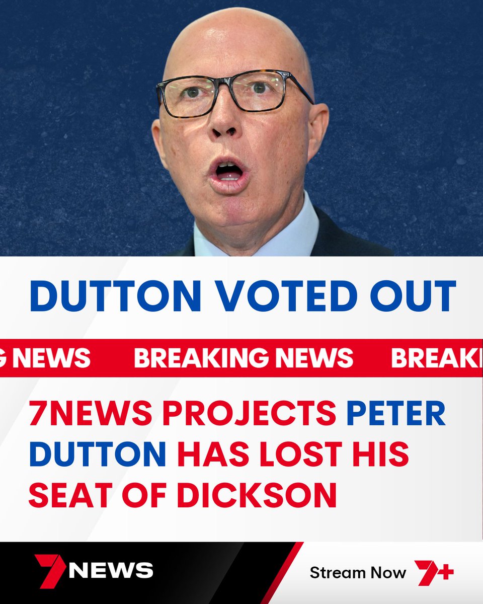 7NewsAustralia's tweet image. BREAKING: 7NEWS projects Peter Dutton has lost his seat as the Coalition suffers devastating losses across Australia. Special coverage on Channel 7 and 7plus. 7news.link/4m06WLL #auspol #ausvotes #7NEWS