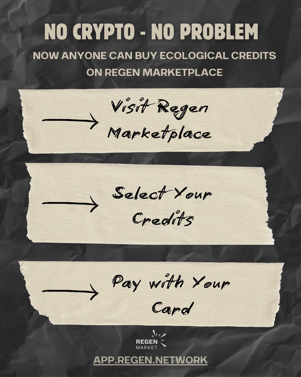 RegenMaxi's tweet photo. No crypto?
No problem.
$REGEN just opened the gates now anyone can support regeneration with a card.
Real world impact meets blockchain verification.
โ https://t.co/gypRggrt5W
#ReFi #Web3 #ClimateAction #Ecocredits #RegenNetwork #Blockchain4Good https://t.co/NIbnQAyAla