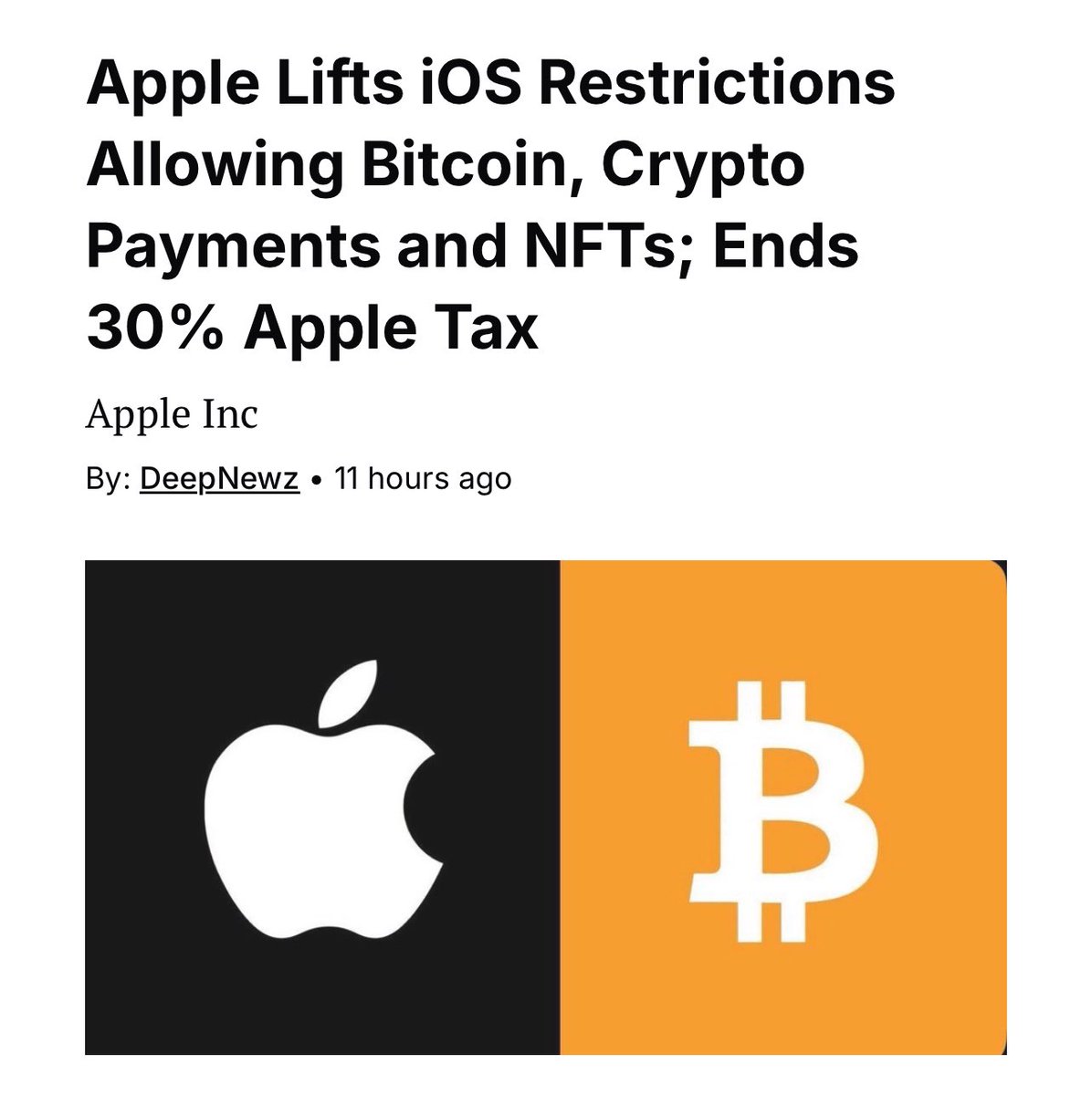 JUST-IN: Apple Lifts IOS restrictions, now allowing #Bitcoin payments and  ends 30% Apple tax.