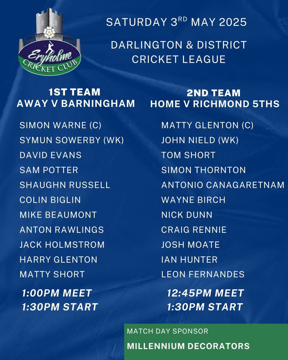 Today's teams - two strong line ups as we have another decent day for some cricket ☀️🏏

Thanks to this week's matchday sponsor, Millennium Decorators.

#UpTheHolme
