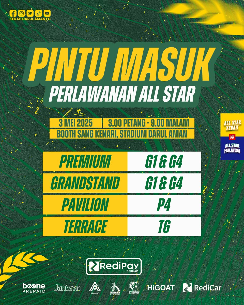 KEDAH DARUL AMAN FC (@kda_fc) on Twitter photo Info pintu masuk kepada penyokong yang hadir ke perlawanan ๐๐ฅ๐ฅ ๐๐ญ๐๐ซ ๐๐๐ญ๐๐ก malam ini.
๐๐ฅ๐ฅ ๐๐ญ๐๐ซ ๐๐๐๐๐ก ๐ฏ๐ฌ ๐๐ฅ๐ฅ ๐๐ญ๐๐ซ ๐๐๐ฅ๐๐ฒ๐ฌ๐ข๐
๐ Friendly Match
๐ 3rd May 2025, Saturday
๐ 9.00 pm
๐๏ธ Stadium Darul Aman
#AllStarKedah #AllStarMalaysia Info pintu masuk kepada penyokong yang hadir ke perlawanan ๐๐ฅ๐ฅ ๐๐ญ๐๐ซ ๐๐๐ญ๐๐ก malam ini.
๐๐ฅ๐ฅ ๐๐ญ๐๐ซ ๐๐๐๐๐ก ๐ฏ๐ฌ ๐๐ฅ๐ฅ ๐๐ญ๐๐ซ ๐๐๐ฅ๐๐ฒ๐ฌ๐ข๐
๐ Friendly Match
๐ 3rd May 2025, Saturday
๐ 9.00 pm
๐๏ธ Stadium Darul Aman
#AllStarKedah #AllStarMalaysia