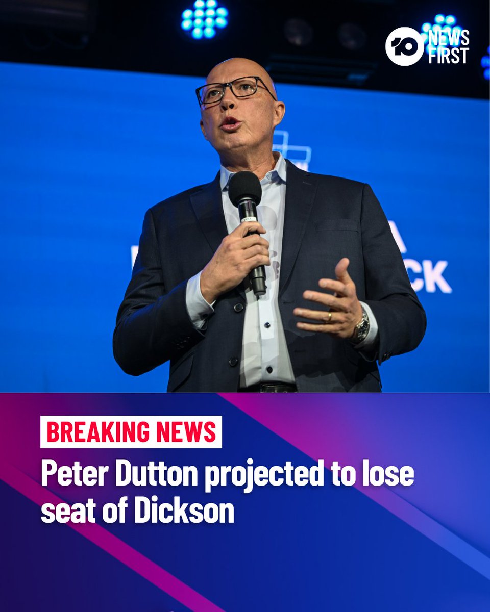 #BREAKING: Peter Dutton is projected to lose his seat of Dickson, with Labor's Ali France predicted to topple the opposition leader.

Join 10 News First tonight for all the 2025 Federal Election coverage, results, and analysis as it happens.

LIVE on 10, 10Play, and YouTube.