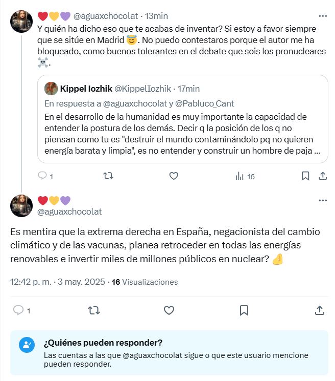Curioso caso de persona que dice que no le dejan debatir y luego impide que la puedas contestar.. en fin, <a href="/aguaxchocolat/">❤️💛💜</a>