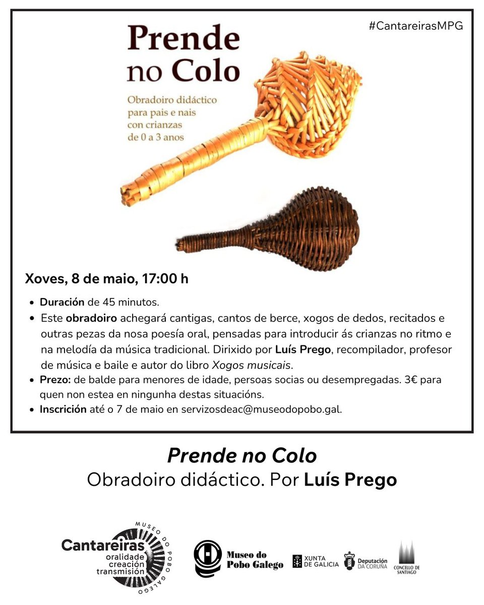 MuseodoPobo's tweet photo. Velaquí un plan ben xeitoso para nais e pais con crianzas de 0 a 3 anos!🤗
"Prende no colo": un #obradoiro para achegármonos á nosa tradición oral, á lingua e á música, con #LuisPrego
📍Xoves, 8 de maio, 17 h
👉Inscrición: servizosdeac@museodopobo.gal
ℹ️ https://t.co/sZ9he5B2rV https://t.co/ydsZCkA8jo