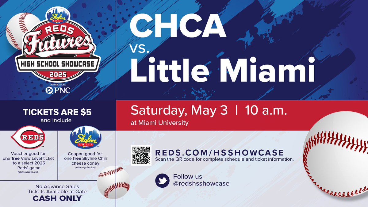 CHCA Baseball (@chca_bb) on Twitter photo It's the <a href="/redshsshowcase/">Reds HS Showcase</a> game! Today at 10am at Miami University. The $5 ticket gets you into our game vs Little Miami, plus a ticket to a Reds game and free <a href="/Skyline_Chili/">Skyline Chili</a> cheese coney! No better deal around!
#eCHipa #NeverDone It's the <a href="/redshsshowcase/">Reds HS Showcase</a> game! Today at 10am at Miami University. The $5 ticket gets you into our game vs Little Miami, plus a ticket to a Reds game and free <a href="/Skyline_Chili/">Skyline Chili</a> cheese coney! No better deal around!
#eCHipa #NeverDone