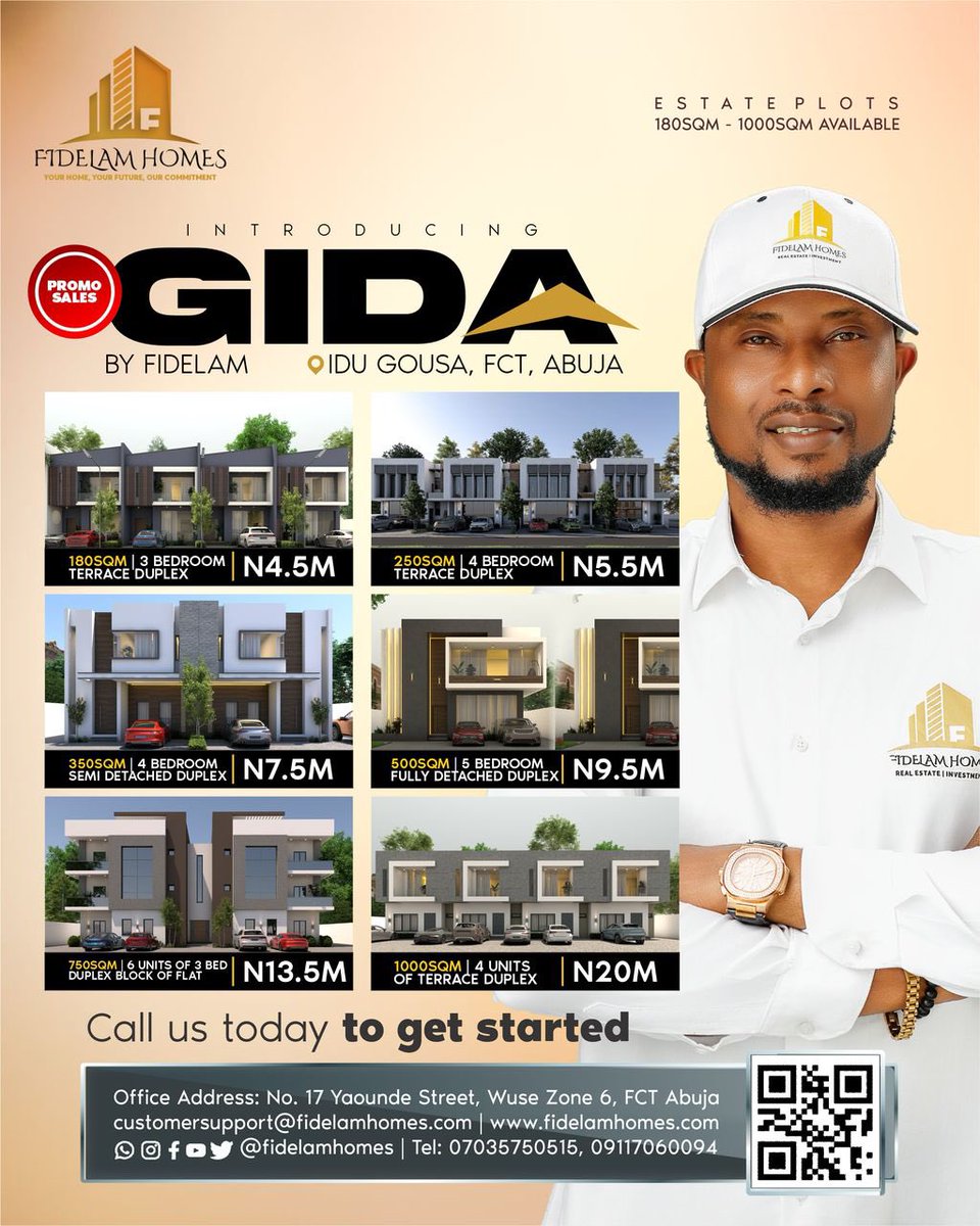 Secure your piece of land with flexible payment plans up to 12 months! GIDA is FCDA approved

- Strategic location
- Ample land sizes (180sqm-1000sqm)
- Good road networks
📍Idu (gosa district) 

Contact us: 07035750515
@fidelamhomes