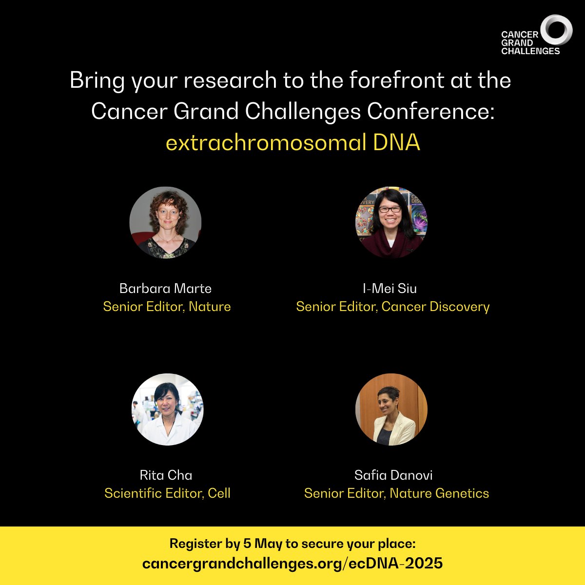 Cancer Grand Challenges (@cancergrand) on Twitter photo Want to share your research with the editors shaping cancer science?
Join the ecDNA conference and connect with scientific editors from leading journals including <a href="/Nature/">nature</a>, <a href="/CellCellPress/">Cell</a>, <a href="/CD_AACR/">Cancer Discovery</a>, and <a href="/NatureGenet/">Nature Genetics</a>.
Register by 5 May: bit.ly/ecDNAConference Want to share your research with the editors shaping cancer science?
Join the ecDNA conference and connect with scientific editors from leading journals including <a href="/Nature/">nature</a>, <a href="/CellCellPress/">Cell</a>, <a href="/CD_AACR/">Cancer Discovery</a>, and <a href="/NatureGenet/">Nature Genetics</a>.
Register by 5 May: bit.ly/ecDNAConference