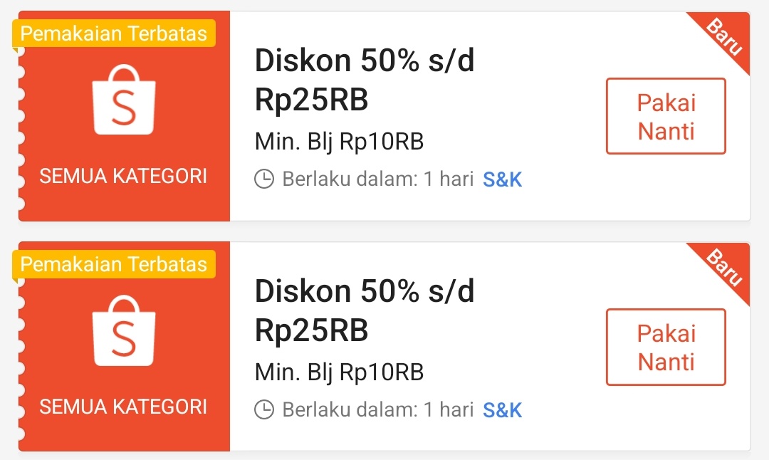 Diskon 50% maksimal Rp25.000
Minimal pembelian Rp10.000
🗓️ 5 Mei 2025
⏰ Jam 00:00
📌 Semua kategori 

SHOPEEPUNCAK55
SHOPEE55PUNCAK

Input kode vouchernya disini:
s.shopee.co.id/6zzXwmWLTh