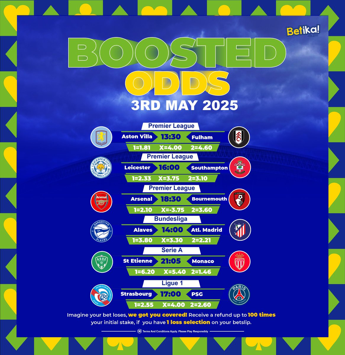 BOOSTED ODDS are HERE!
Get the best value on today’s top matches – Premier League, Bundesliga, Serie A &amp; Ligue 1!
3rd May 2025 is all about big wins and better payouts.

Who’s in your winning slip today?
#Betika #BoostedOdds #GameOn