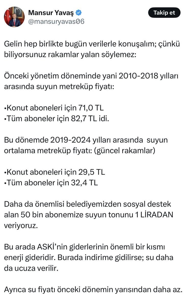Göreve geldiğinizde suyun metreküp fiyatı 5 TL idi, bugün 55 TL.
6 yılda %1000 zam yaptınız.

Geçmişi hedef gösterip bugünkü zam yağmurunu perdelemeye çalışmak, en hafif tabirle halkın aklıyla dalga geçmektir Sayın Yavaş.

Hani “sudan para alınmaz” diyordunuz?
Şimdi çıkıp "geçmiş