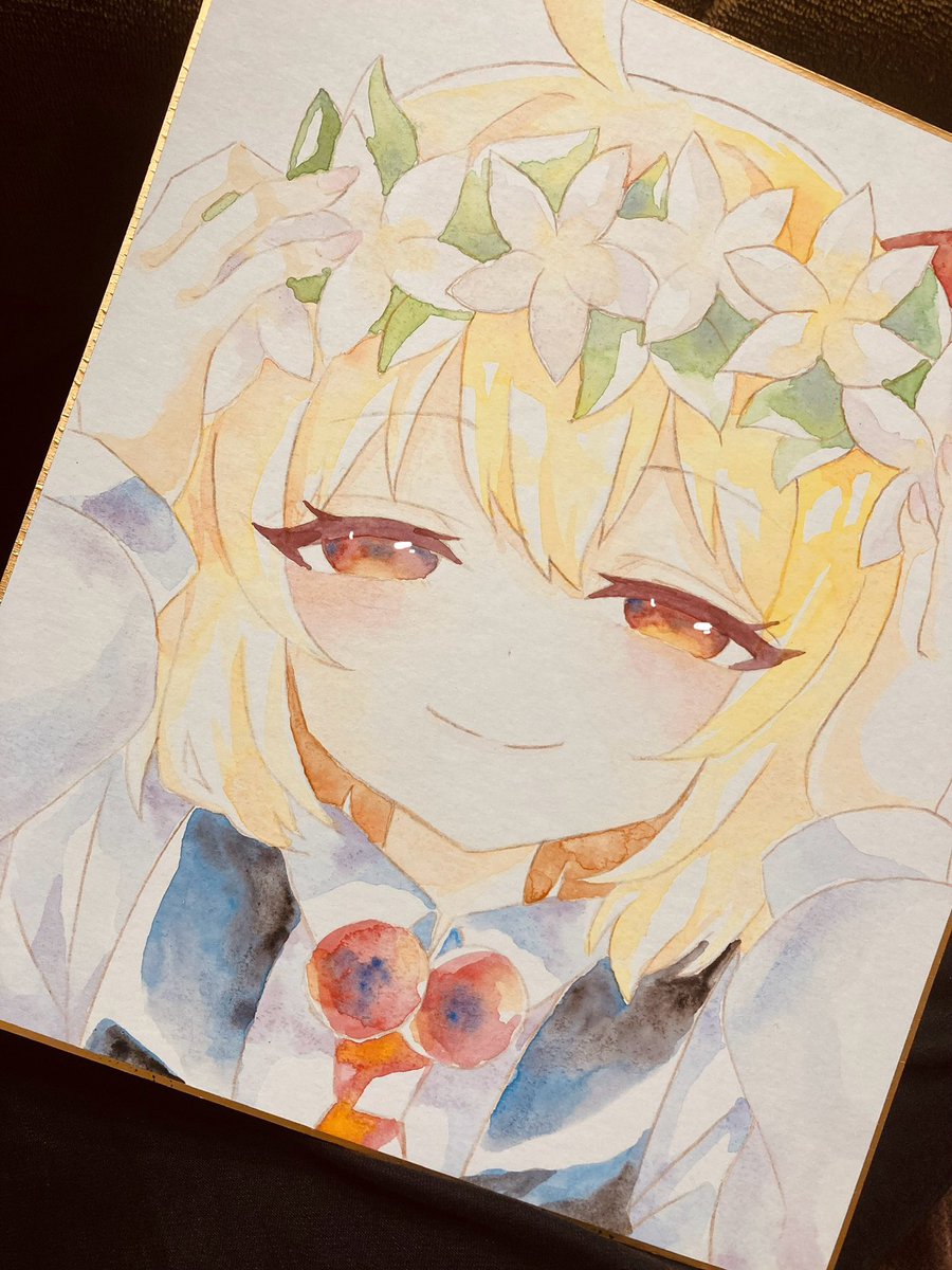 ルーミア(東方プロジェクト) 「色紙頑張って描いてます (レ◯プ目怖いのでハイライトだけ写真加工) もう一枚塗る」|桜谷のイラスト