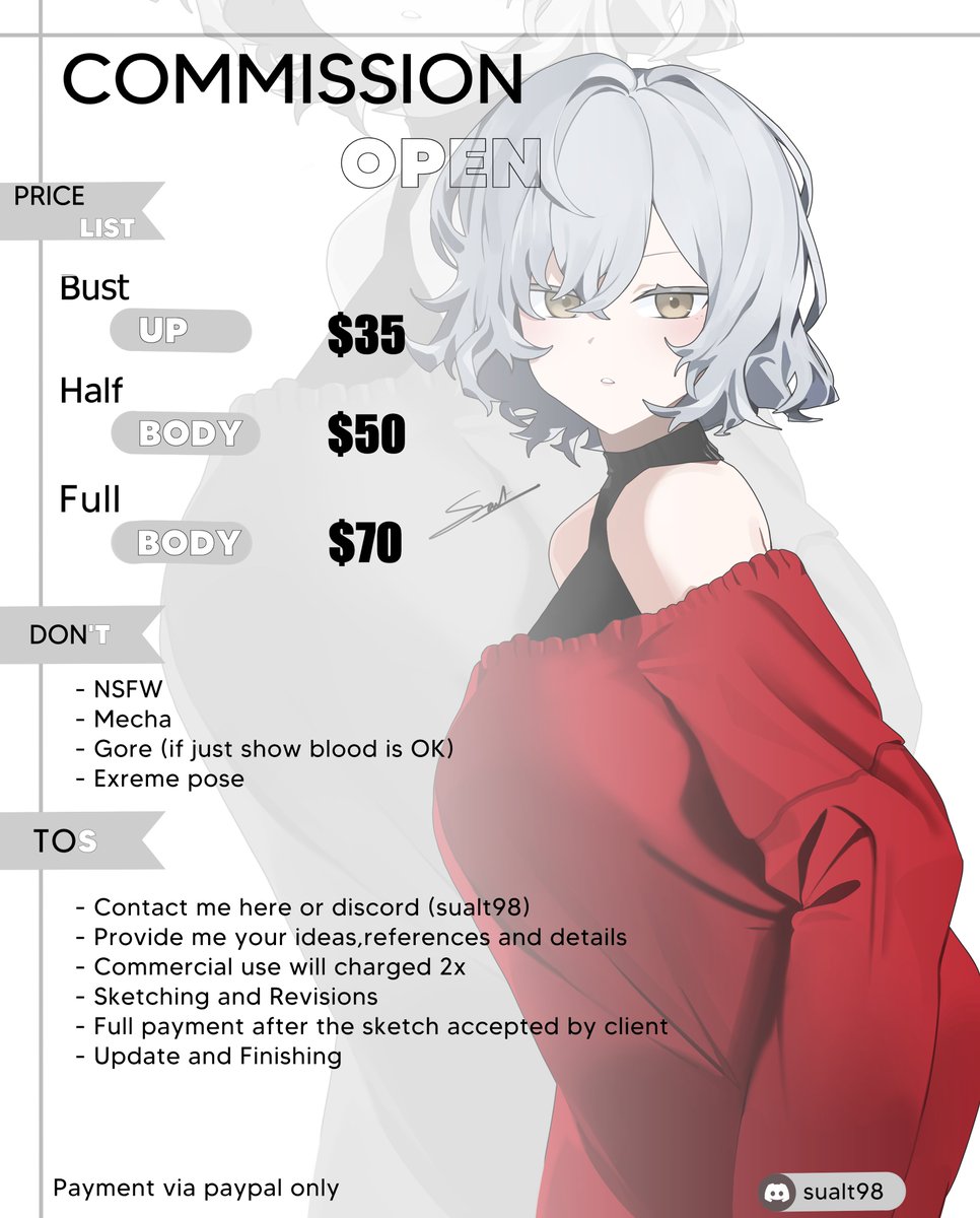 (Retweets are very appreciated!) 
Hello!!
I'm opening 5 slot commission for this month!
DM me here or discord (sualt98) if you're interested!  

Thank you ❤️ 
#Commission #commissionsopen #illustration #CommissionSheet #Commission #commisionsopen #illustration
