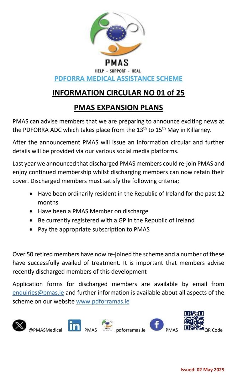 PMAS - PDFORRA Medical Assistance Scheme (@pmasmedical) on Twitter photo Current and former PMAS/PDFORRA members.
An important announcement will be made at the PDFORRA ADC on 13th of May regarding further expansion of the PDFORRA Medical Scheme.
#HelpSupportHeal #FirstToServe
<a href="/pdforra/">pdforra</a> <a href="/defenceforces/">Óglaigh na hÉireann</a> <a href="/IRLDeptDefence/">Department of Defence</a> Current and former PMAS/PDFORRA members.
An important announcement will be made at the PDFORRA ADC on 13th of May regarding further expansion of the PDFORRA Medical Scheme.
#HelpSupportHeal #FirstToServe
<a href="/pdforra/">pdforra</a> <a href="/defenceforces/">Óglaigh na hÉireann</a> <a href="/IRLDeptDefence/">Department of Defence</a>