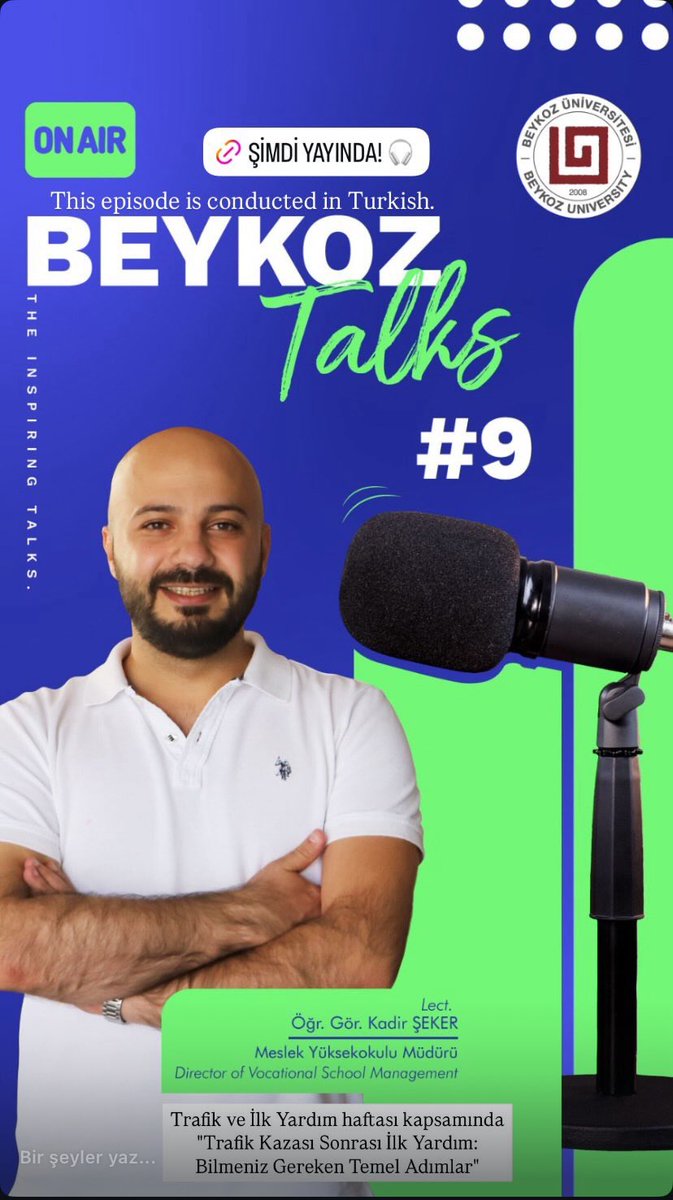 “Beykoz Talks” serisinin 9. bölümü yayında!
Trafik ve İlk Yardım Haftası sebebiyle bu bölümde, “Trafik Kazası Sonrası İlk Yardımda Bilinmesi Gereken Temel Adımlar” ele aldık. 
Spotify üzerinden dinlemek için: l24.im/MX0i
#İlkYardım #Podcast #BeykozÜni