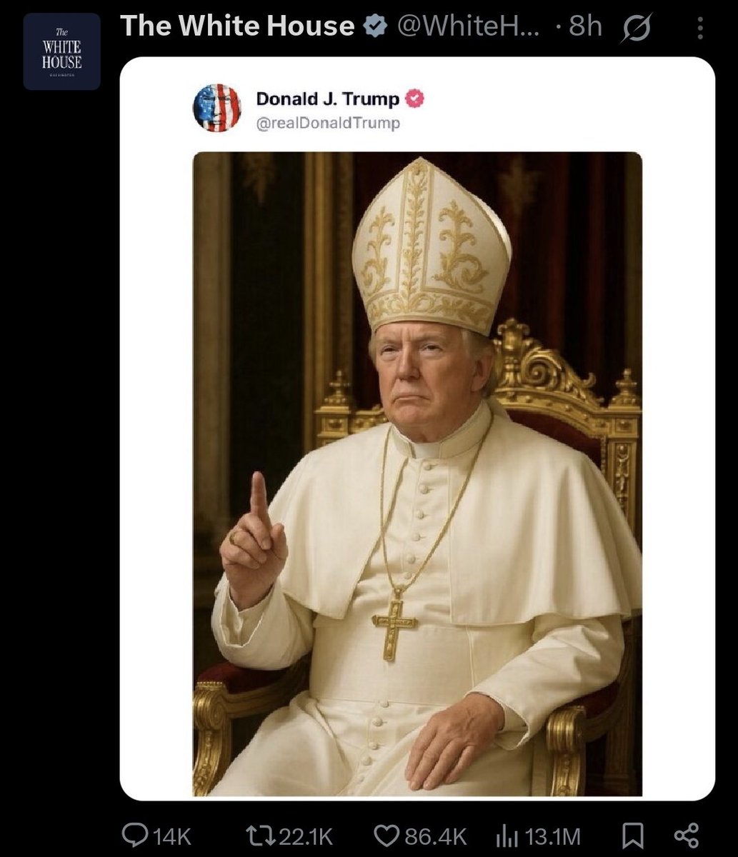 This is on the official White House Twitter. This is disturbing and NOT funny. Imagine the arrogance and megalomania it takes to post something like this. I'm not a religious person and I know this isn't right. 

I continue to be completely disturbed by the actions of this