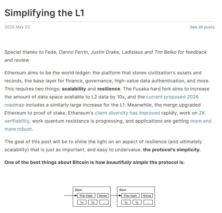 SatoshiBitunix's tweet photo. 📝👀 Vitalik Buterin unveils a 5-year plan to simplify #ETH's Layer 1 and boost Layer 2 with 10x data capacity while proposing a code size cap for a cleaner, #BTC-like core.

Is this the comeback for #eth? https://t.co/erHNS8QL84