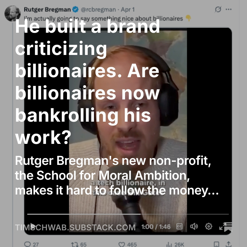 TimothyWSchwab's tweet photo. As political animus against oligarchy gains momentum, are billionaires like Bill Gates using philanthropy to co-opt critics of extreme wealth?

I tell this story through @rcbregman, a man of many contradictions. Following the money was not easy:

https://t.co/2YygJdGs7C https://t.co/av4S8edLX3