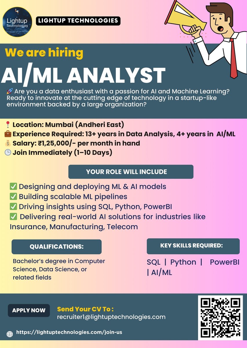 Hi,
We are hiring an experienced AI/ML Analyst with 13 years of experience who can start before 15 May. Proficiency in SQL and Python, hands-on experience in Power BI.
Interested candidates can send their resume to recruiter1@lightuptechnologies.com