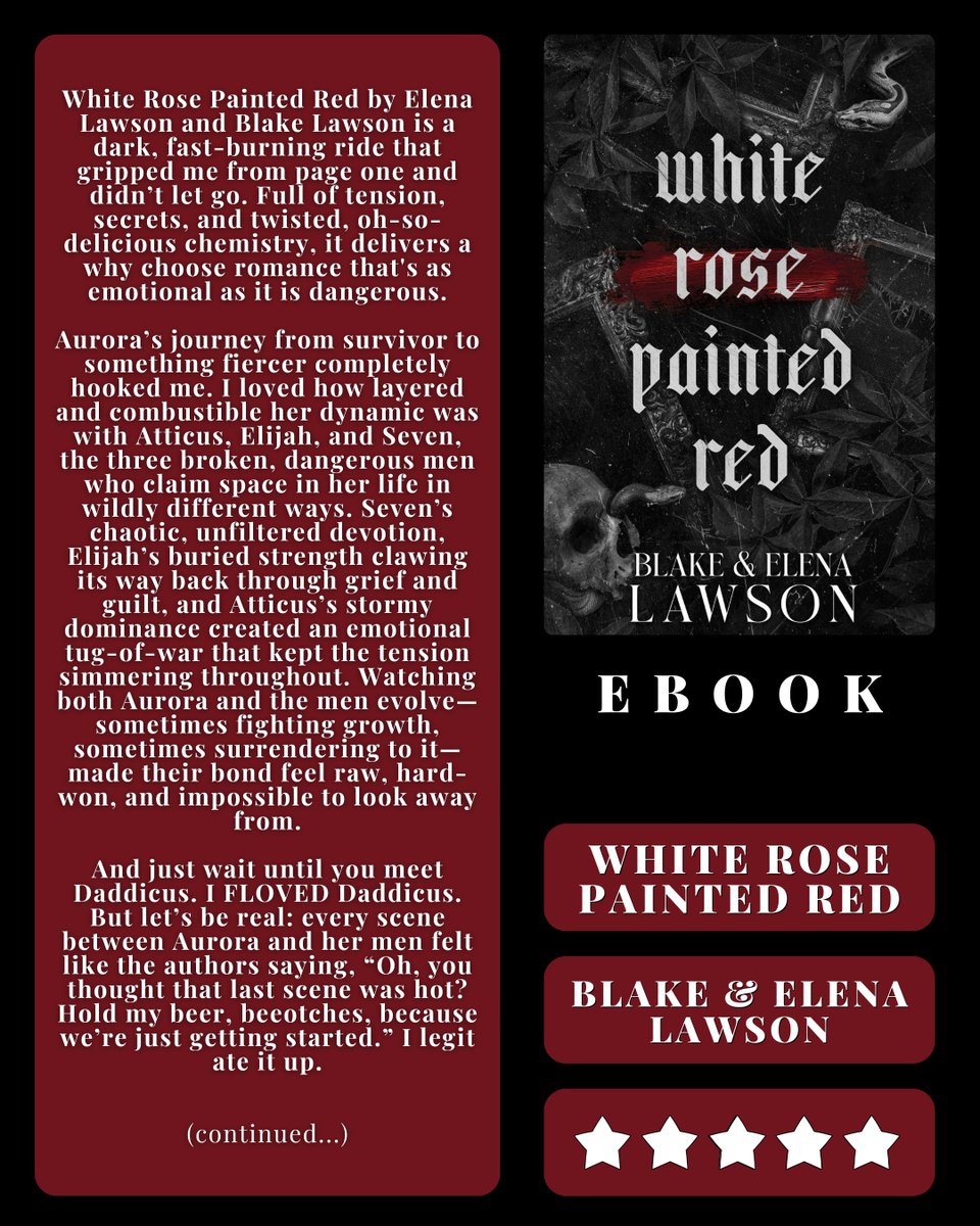 SpellboundStor1's tweet image. Have you downloaded WHITE ROSE PAINTED RED by @authorelenalawson & @blakelawsonauthor yet?
You can grab it in KU!!
🖤 mybook.to/wrpr
Story: 5⭐
Spice: 3.5🌶️
#newrelease #elenalawson #blakelawson