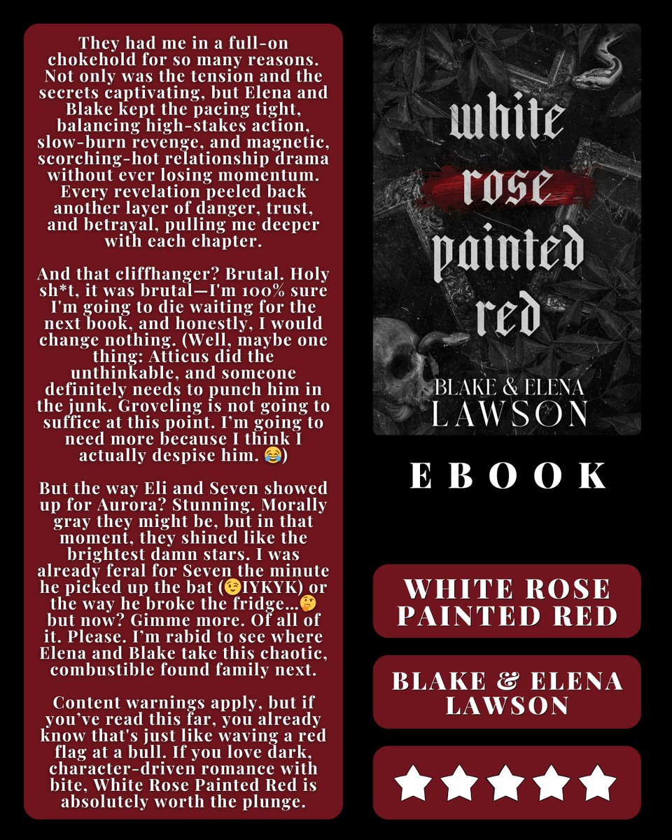 SpellboundStor1's tweet image. Have you downloaded WHITE ROSE PAINTED RED by @authorelenalawson & @blakelawsonauthor yet?
You can grab it in KU!!
🖤 mybook.to/wrpr
Story: 5⭐
Spice: 3.5🌶️
#newrelease #elenalawson #blakelawson