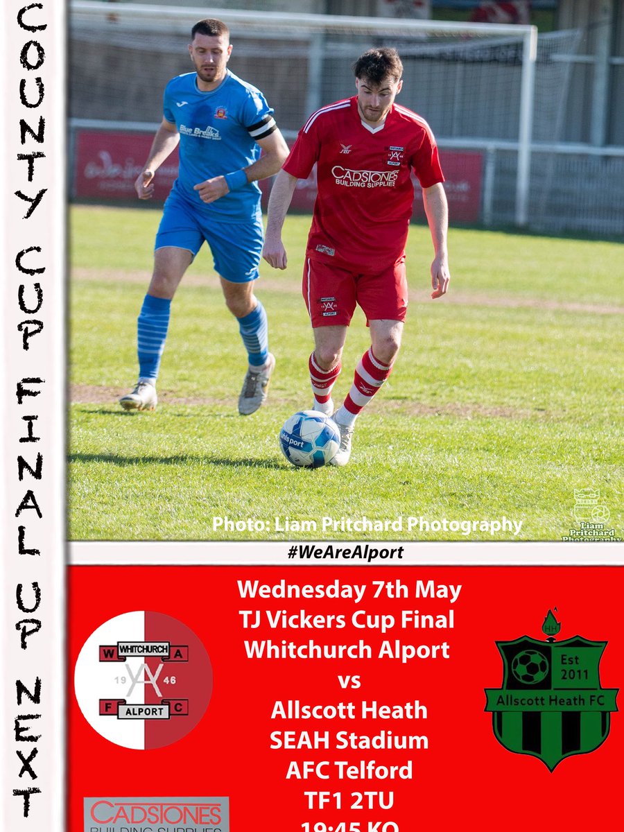Whitchurch Alport Football Club (@alportfc) on Twitter photo CUP FINAL DUTIES NEXT FOR THE REDS🔴⚪️
Before we end the 2024/25 season we’ve got the small matter of the <a href="/TJVickersSons/">TJ Vickers</a> cup final on Wednesday night when we play <a href="/AllscottHeathFC/">Allscott Heath FC</a> at <a href="/telfordutd/">AFC Telford United</a> with a 7:45pm kick off. Come and join us to back the lads in our quest to finish the CUP FINAL DUTIES NEXT FOR THE REDS🔴⚪️
Before we end the 2024/25 season we’ve got the small matter of the <a href="/TJVickersSons/">TJ Vickers</a> cup final on Wednesday night when we play <a href="/AllscottHeathFC/">Allscott Heath FC</a> at <a href="/telfordutd/">AFC Telford United</a> with a 7:45pm kick off. Come and join us to back the lads in our quest to finish the