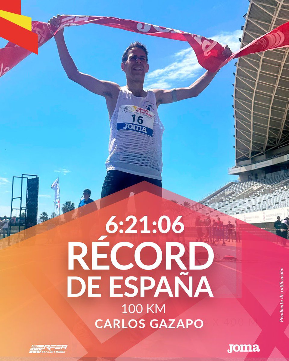 ¡Locura de CARLOS GAZAPO en <a href="/malaga/">Ciudad de Málaga</a>!

🥇 Campeón de España de 100km

🆕 RÉCORD DE ESPAÑA
⏱️ 6:21:06

🔙 Supera los 6:23:44 de José María González de 2006

✅ Campeón 🇪🇸 maratón 2021
✅ Campeón 🇪🇸 50km 2022
✅ Campeón 🇪🇸 100km 2025

¡Enhorabuena! #CEultrafondo 
🔗