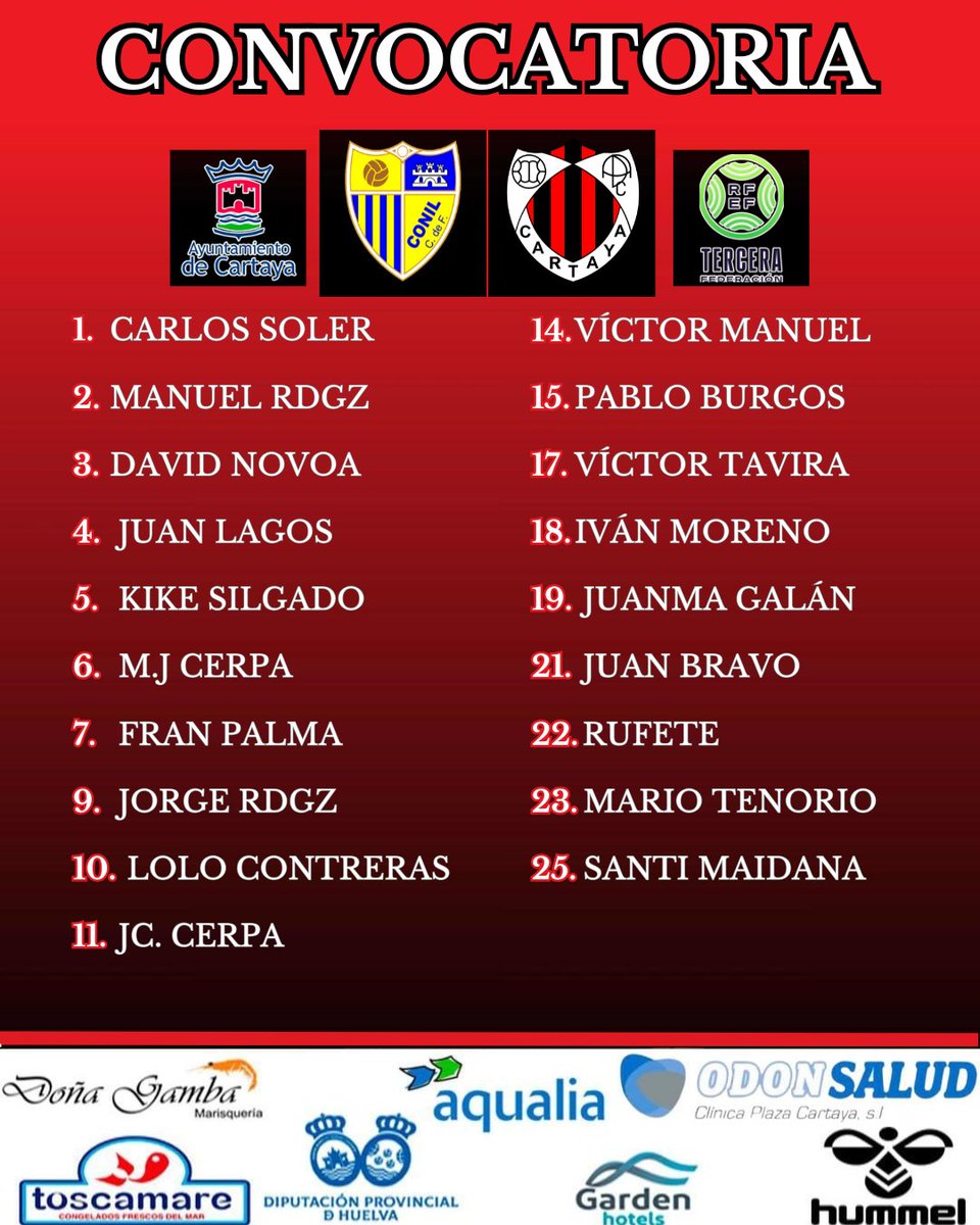 🗒️ Los hombres citados por Manuel Juan Limón para el #ConilCartaya 

#TerceraFederación #ADCartaya